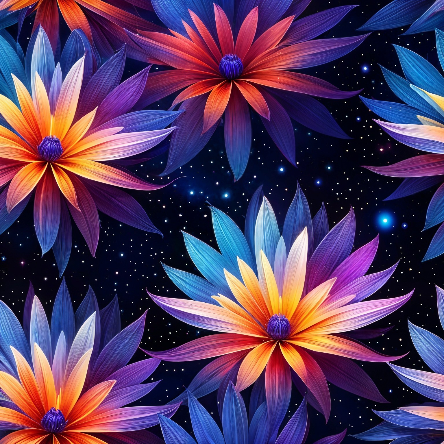Vibrant Flower Pattern Against Cosmic Background