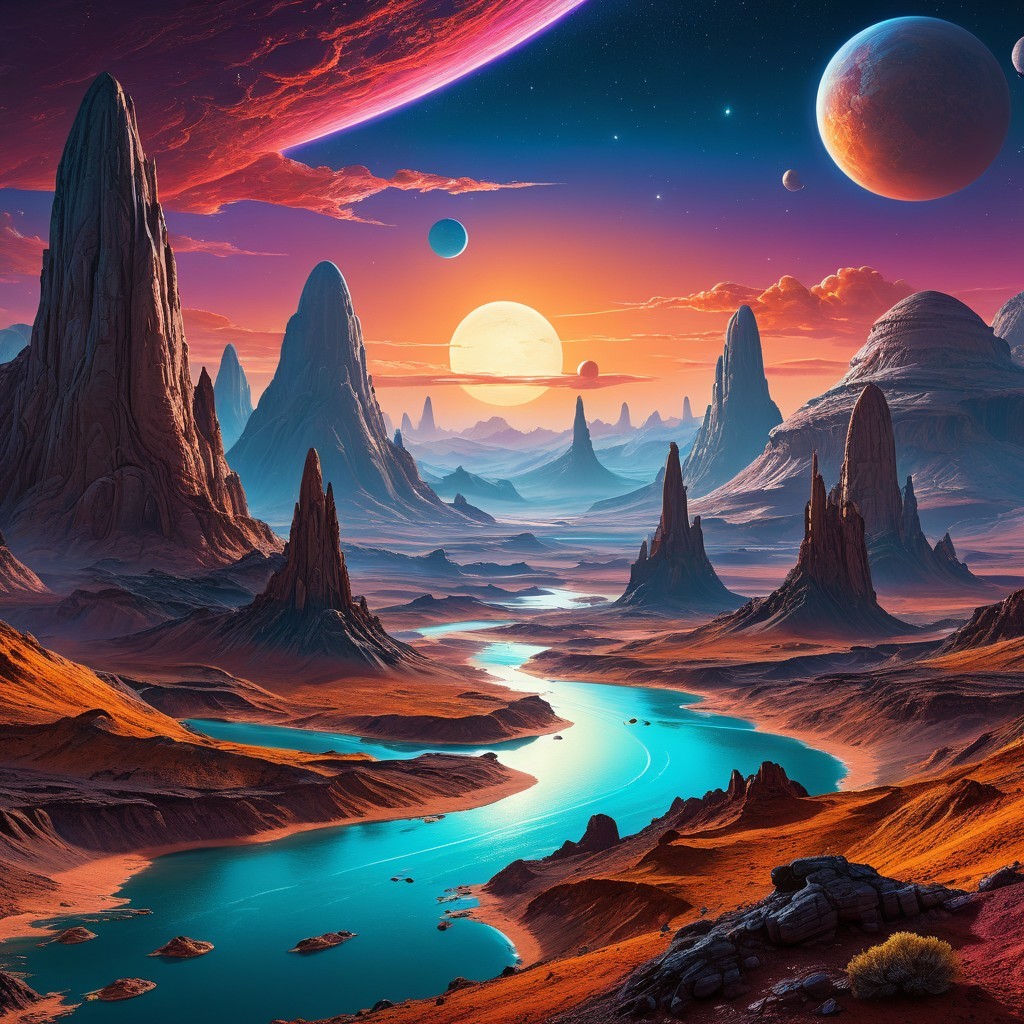 Alien Landscape with Vibrant Colors and Rock Formations