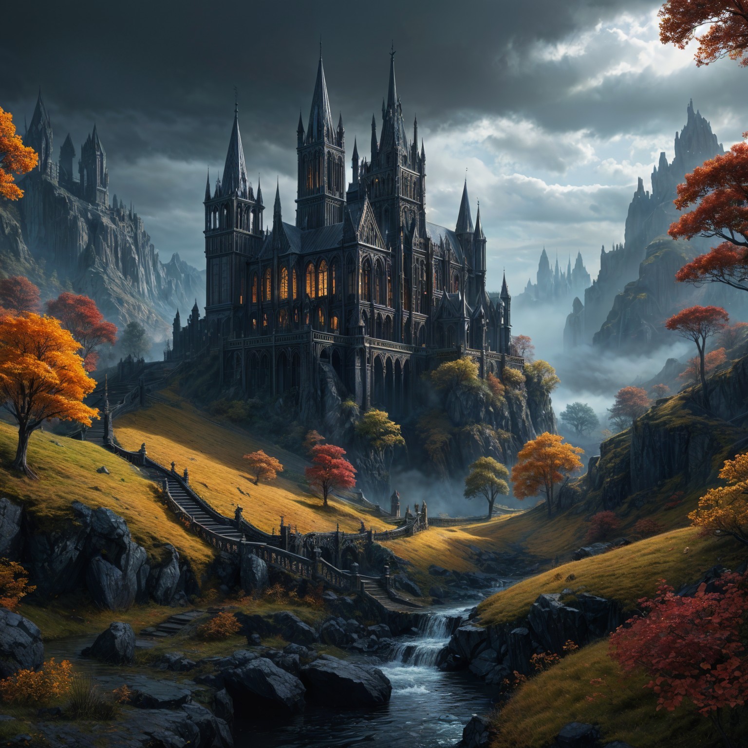 Gothic Castle on Hill Surrounded by Autumn Landscape