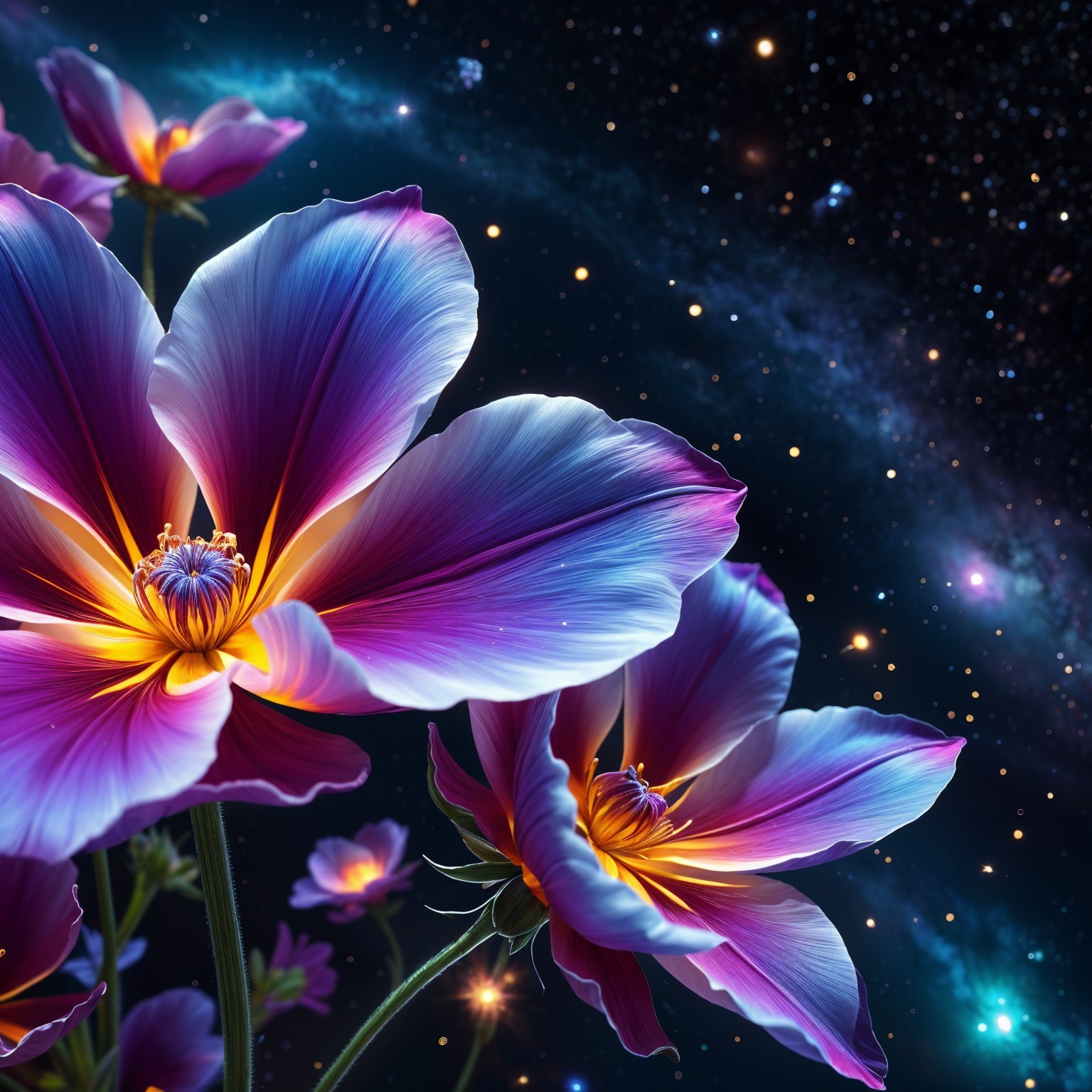 Large Multicolored Flowers Against a Cosmic Backdrop