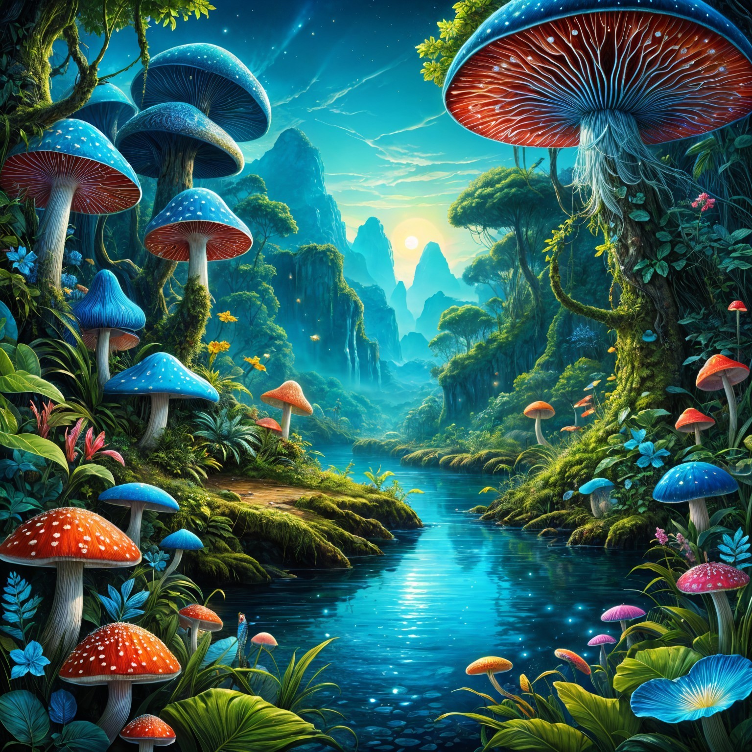 Vibrant Fantasy Landscape with Oversized Mushrooms