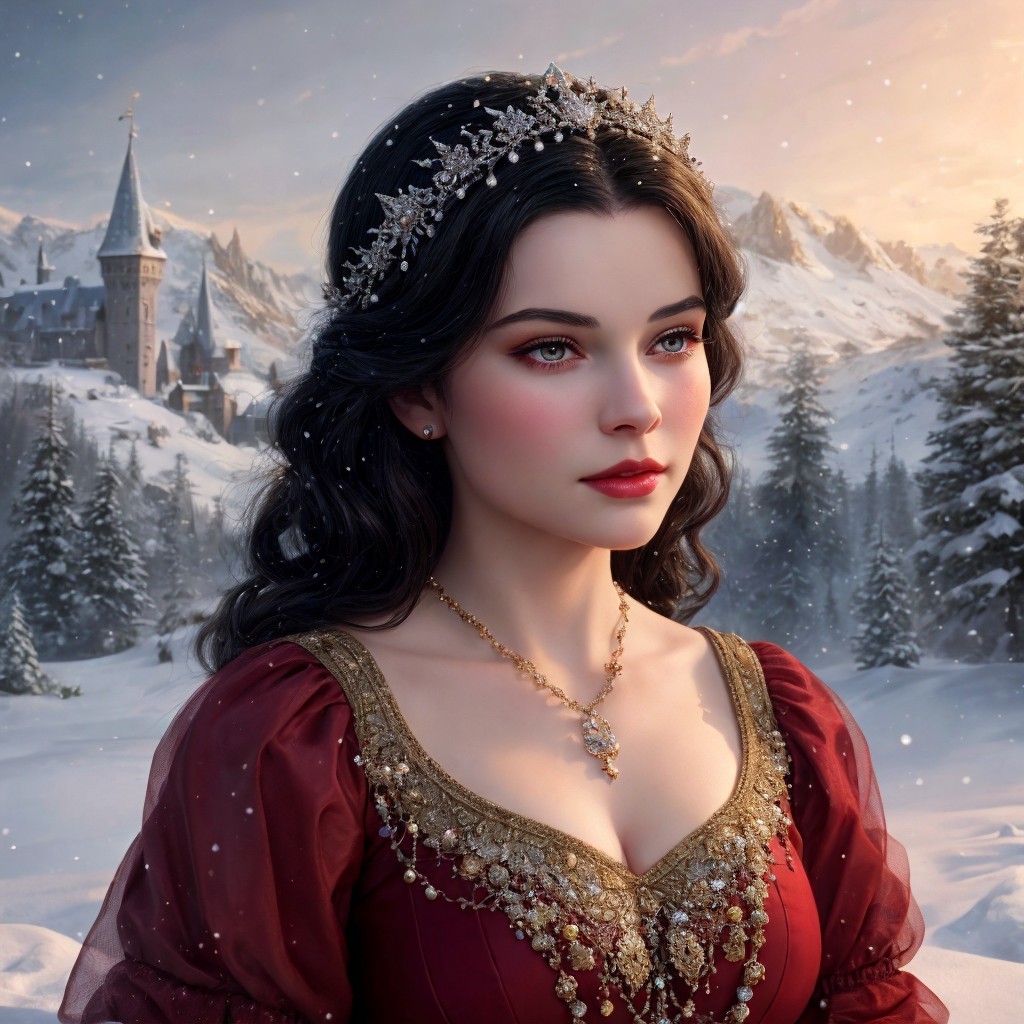 Young Woman in Red Gown with Tiara and Castle Background