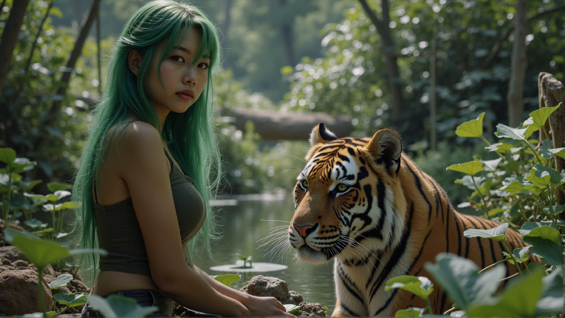 Serene Jungle Scene with Woman and Majestic Tiger