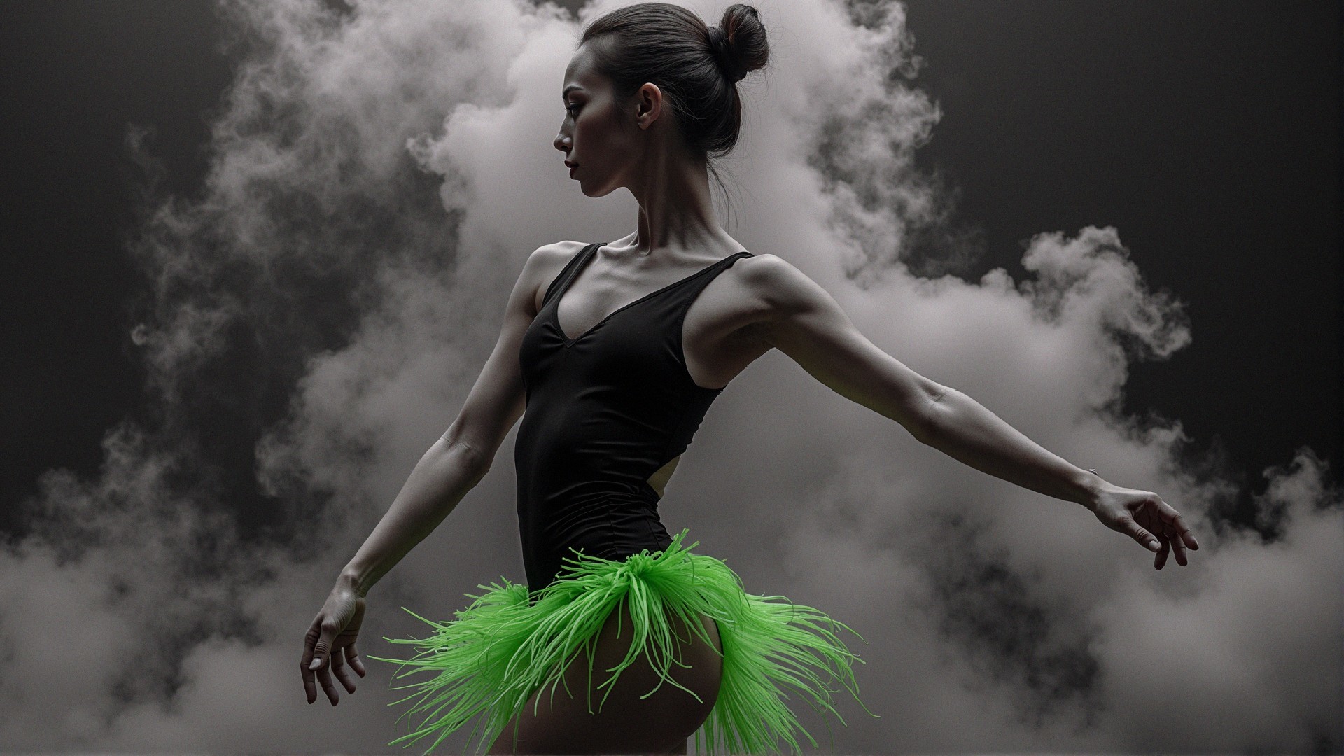 Elegant Dancer in Black Bodysuit and Neon Tutu