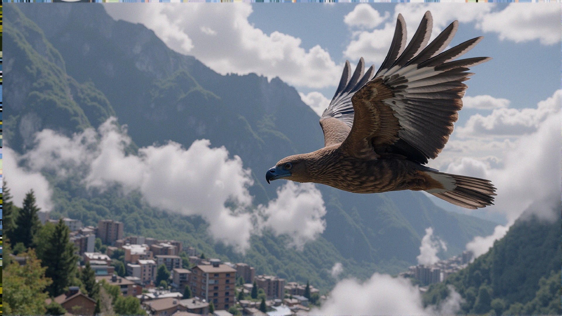 Eagle Soaring Over Scenic Valley and Town Landscape