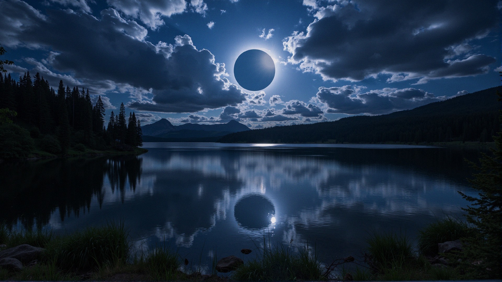 Serene Lake with Eclipsed Moon and Dramatic Clouds