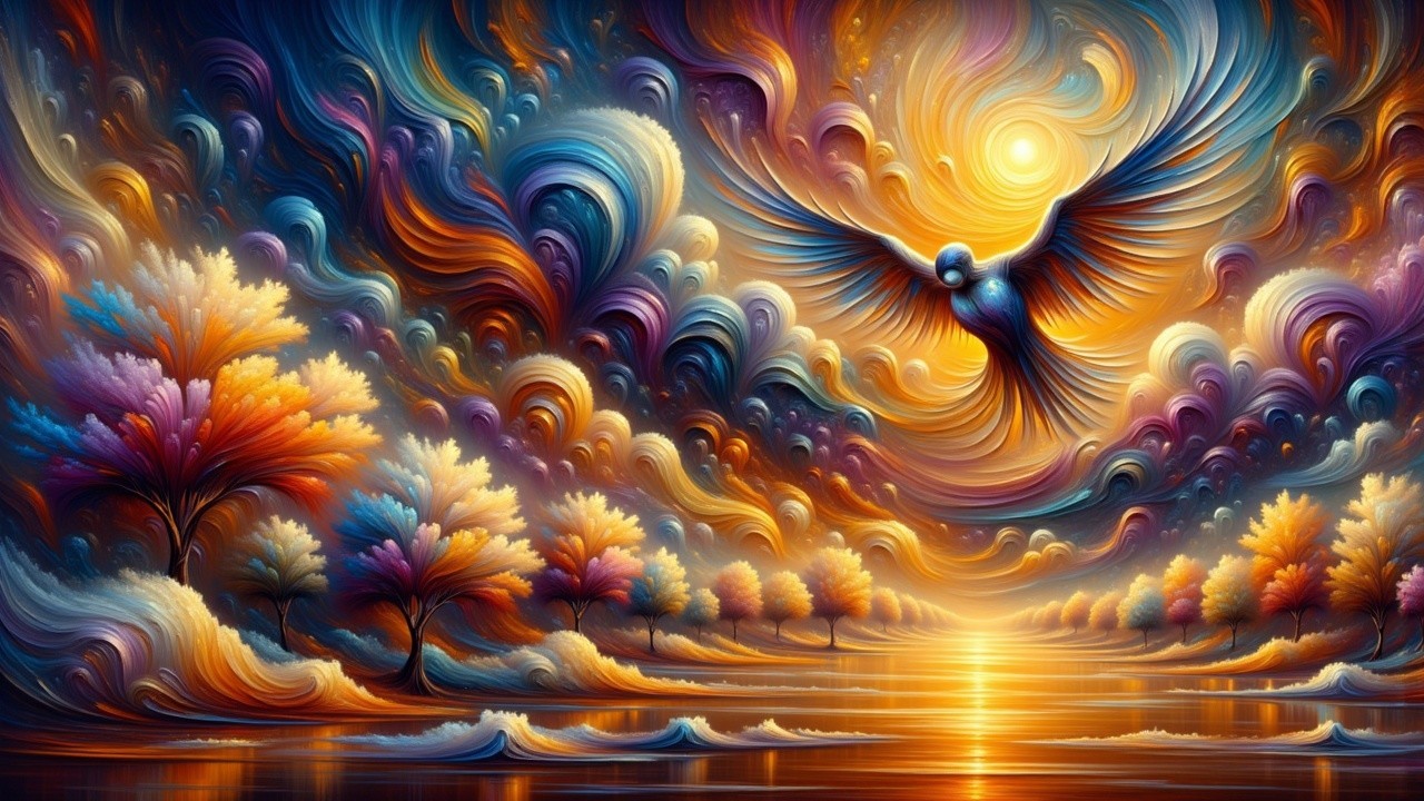 Vibrant Abstract Landscape with Soaring Bird and Lake