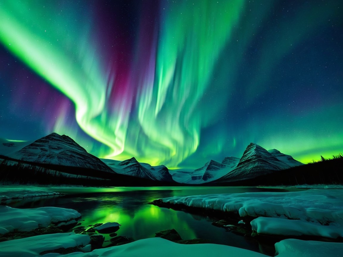 Aurora Borealis Over Snow-Capped Mountains at Night
