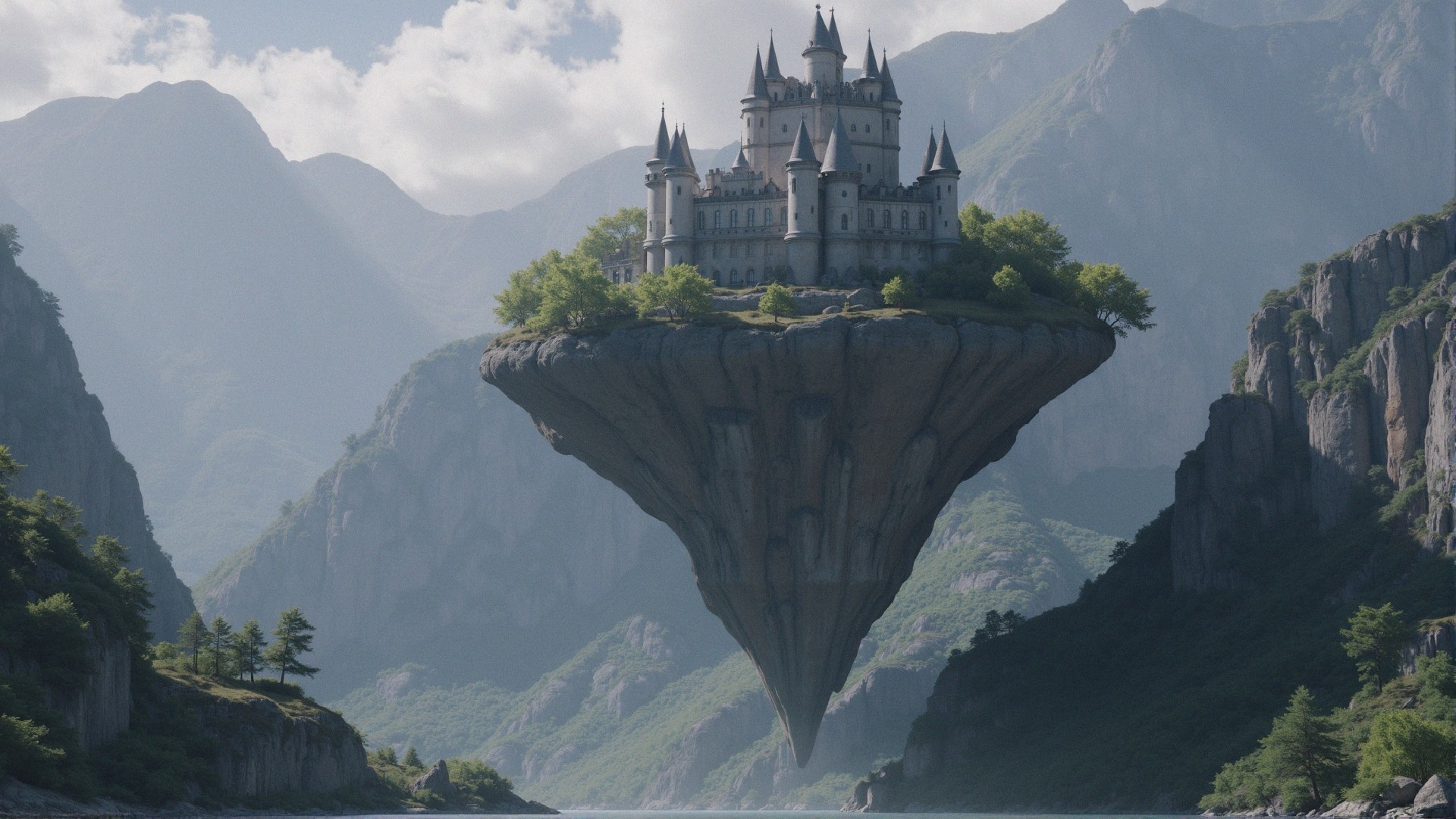 Castle on a Floating Island with Lush Greenery