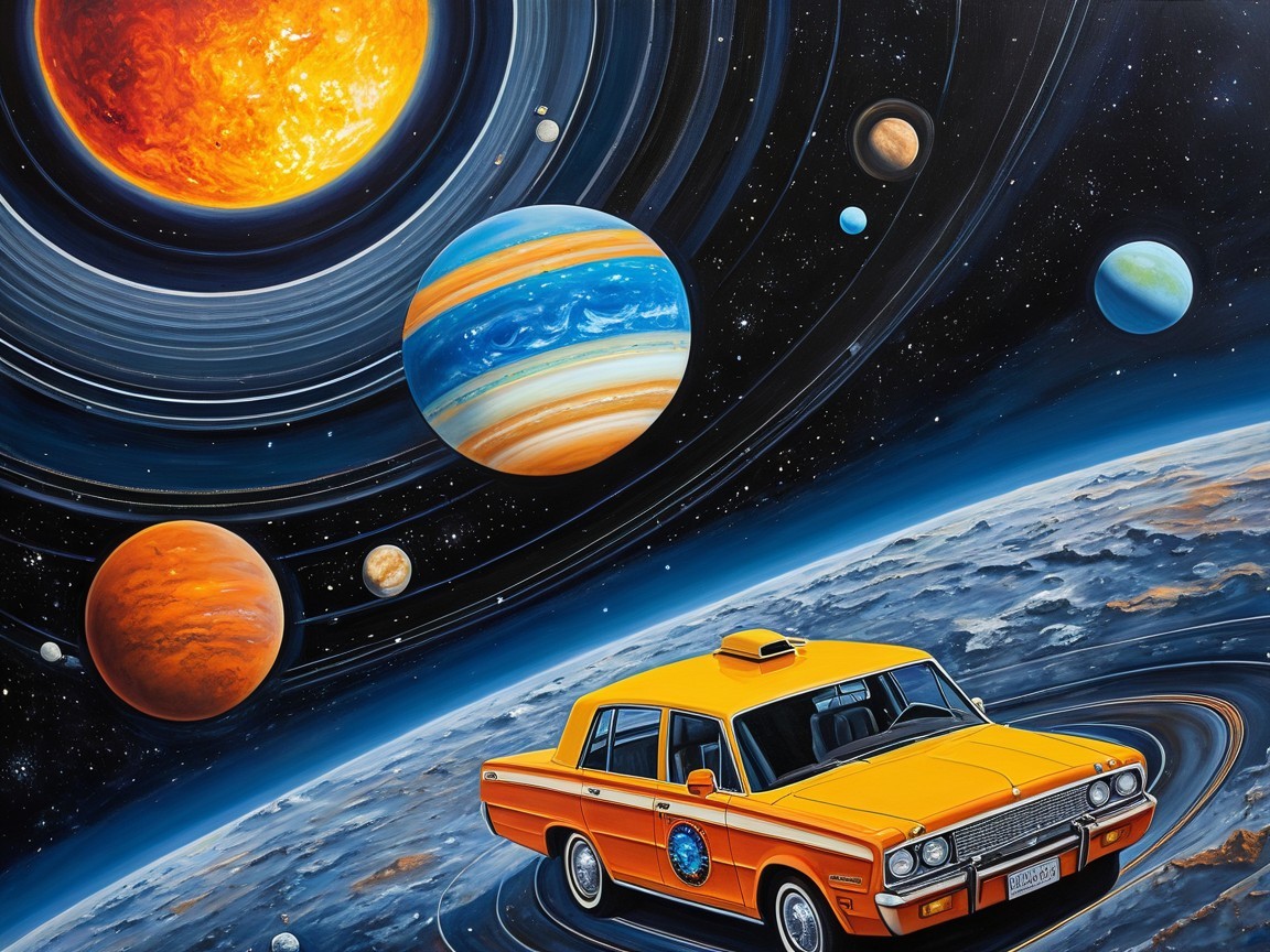 Orange Taxi in a Cosmic Scene with Planets and Sun
