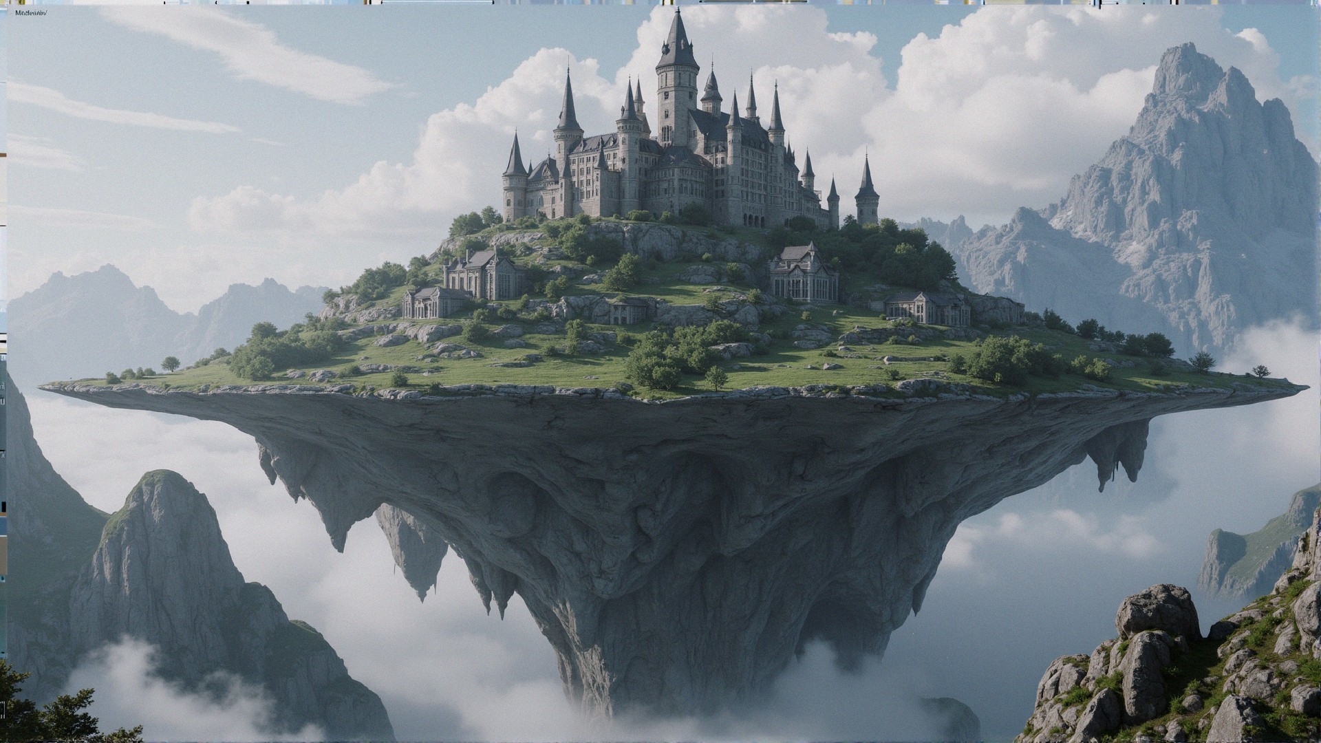 Floating Castle on Rocky Pedestal Surrounded by Nature