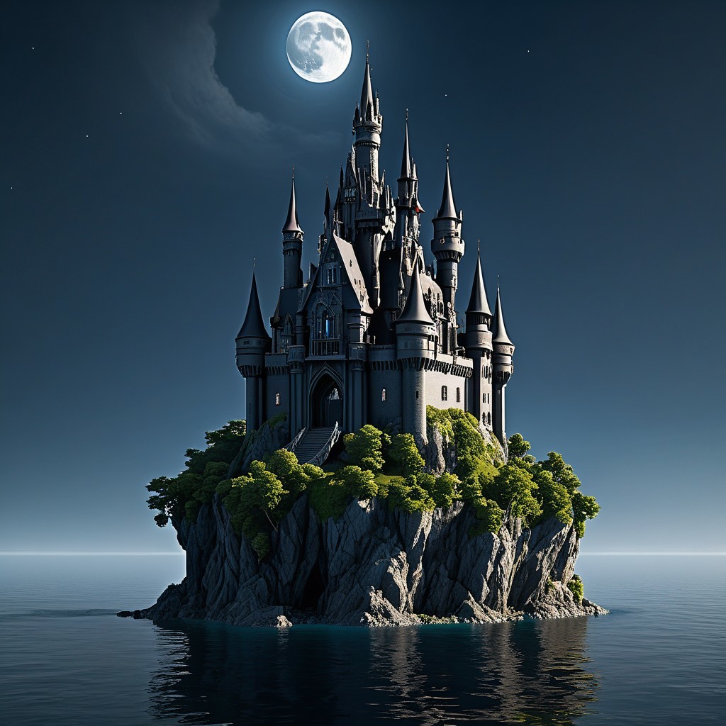Majestic castle on rocky island under full moonlight