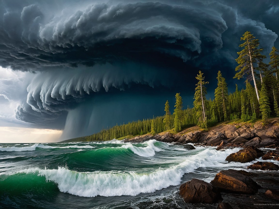 Dramatic Stormy Landscape with Rugged Shoreline