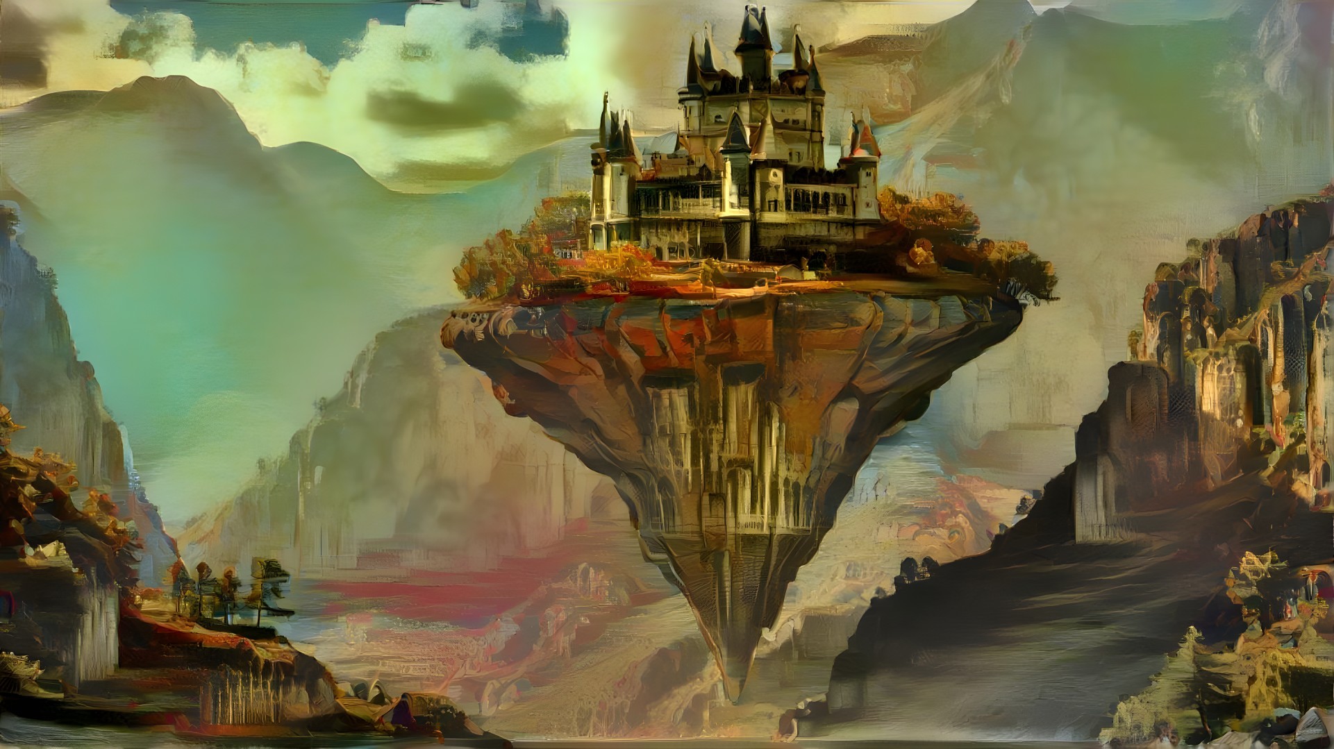 Floating Castle on Rocky Island with Lush Landscapes