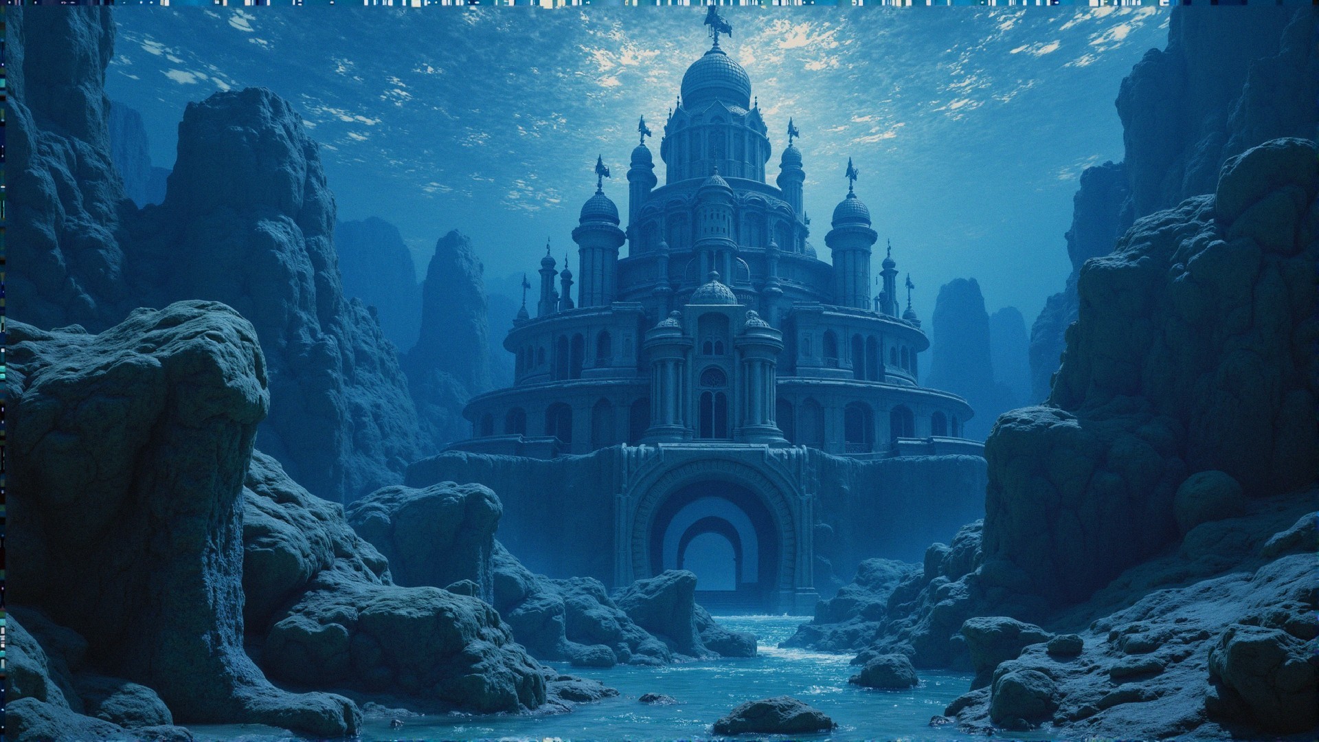 Underwater Castle Surrounded by Rocky Formations
