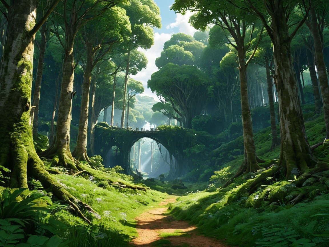 Serene forest scene with lush trees and mossy archway