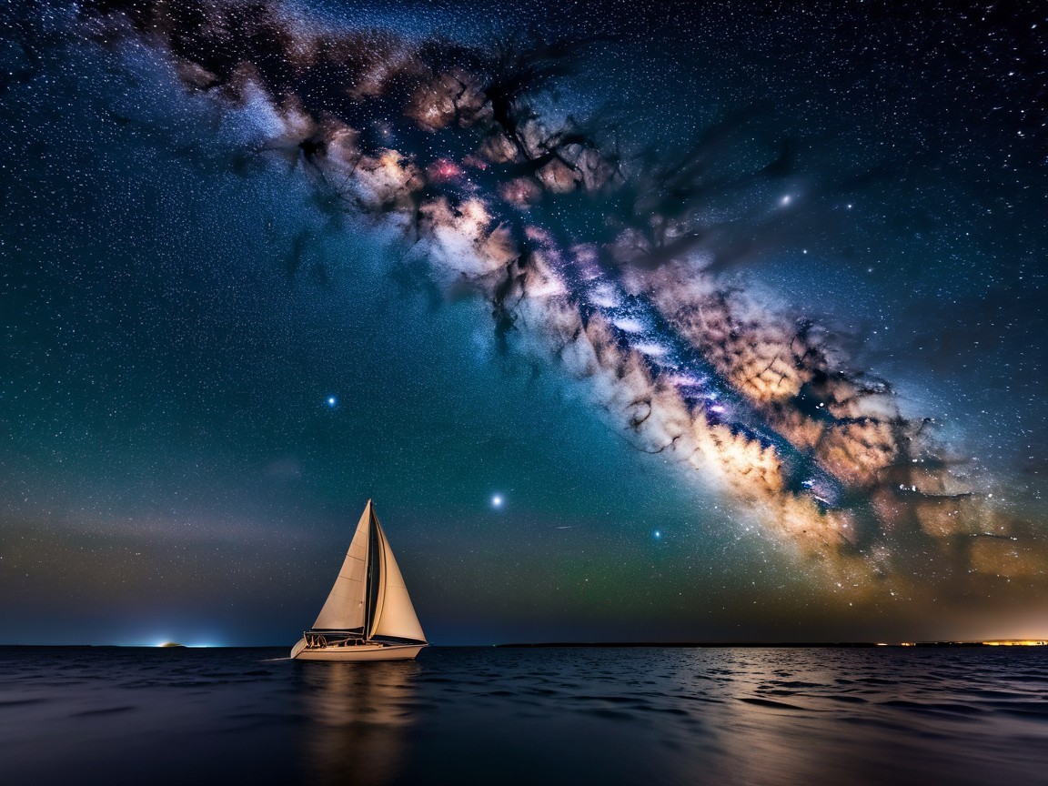 Sailboat on Calm Waters Under the Milky Way Night Sky