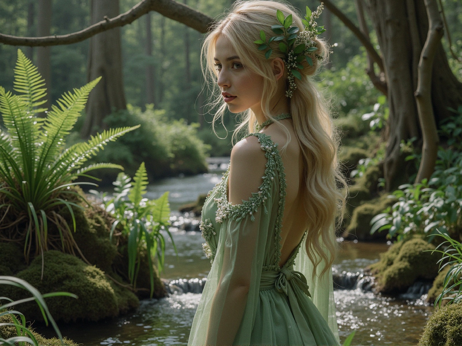 Serene Forest Scene with Woman in Green Gown
