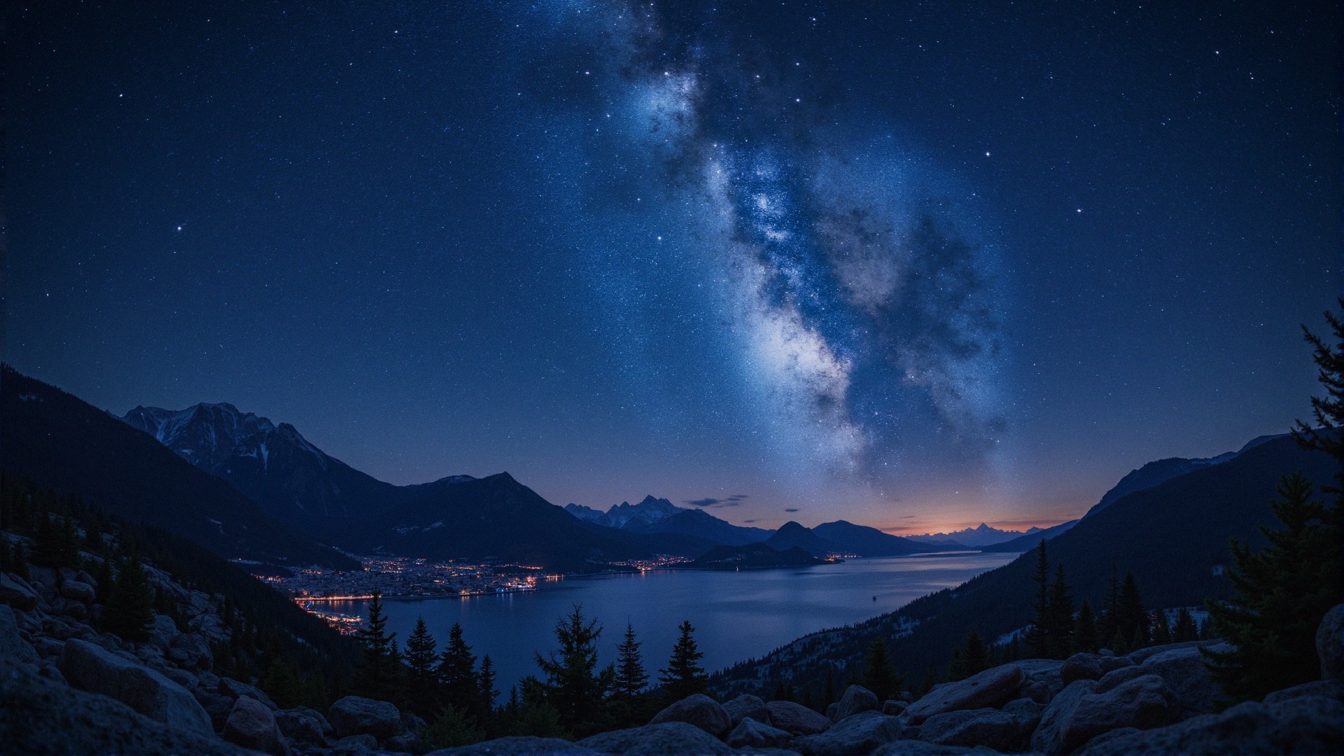 Night Landscape with Lake, Mountains, and Stars