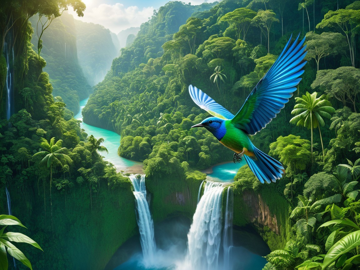 Vibrant Jungle Scene with Waterfalls and Colorful Bird
