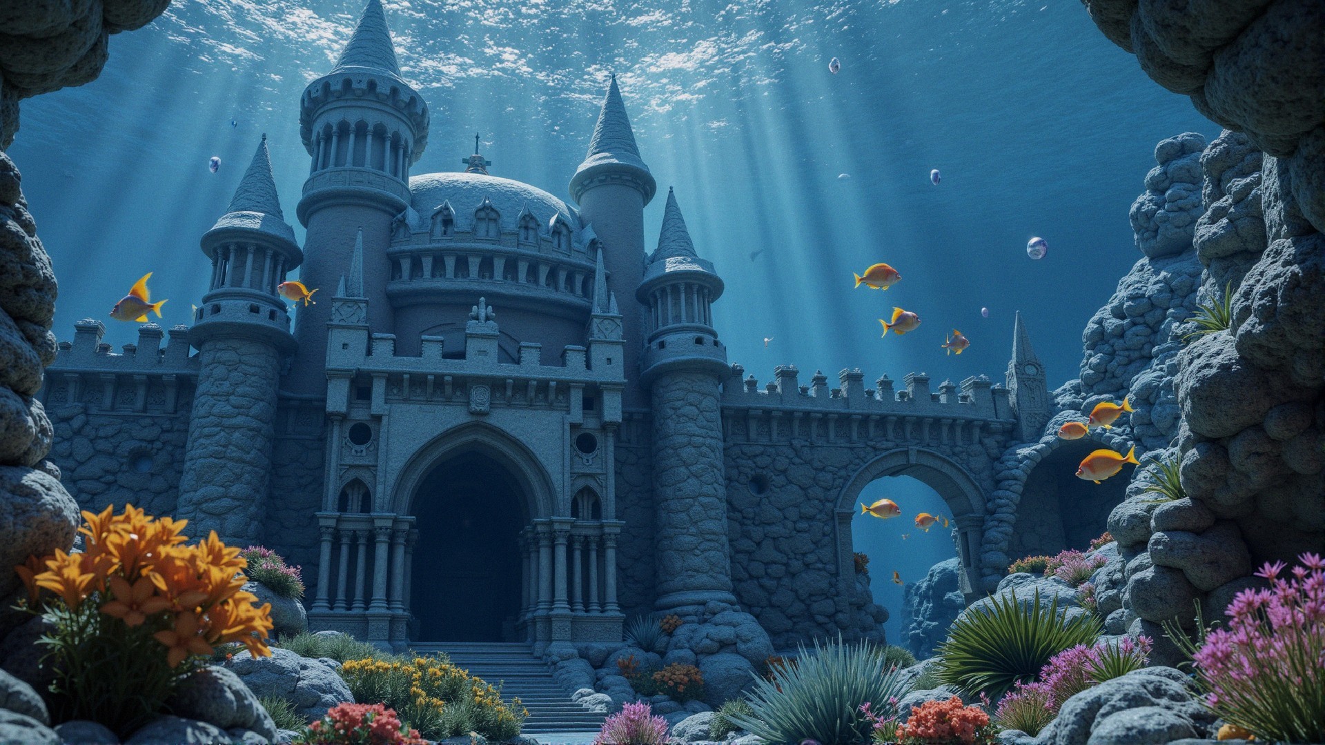 Underwater Castle Surrounded by Coral and Marine Life