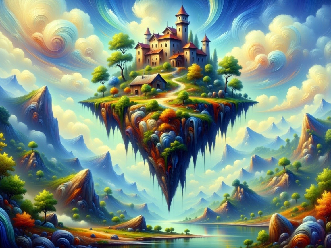 Vibrant Floating Island with Whimsical Castle Landscape