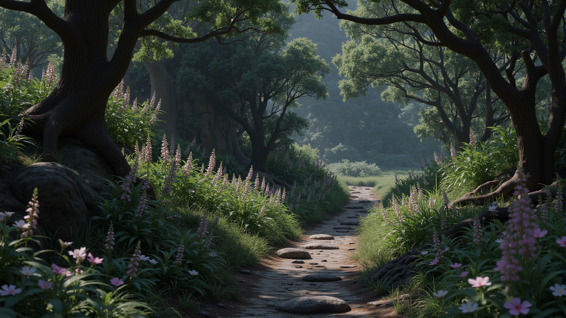 Serene forest path surrounded by lush greenery and flowers