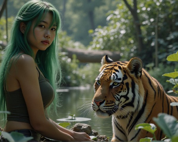 Serene Jungle Scene with Woman and Majestic Tiger