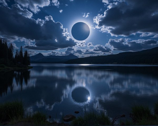 Serene Lake with Eclipsed Moon and Dramatic Clouds