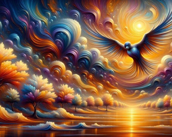 Vibrant Abstract Landscape with Soaring Bird and Lake