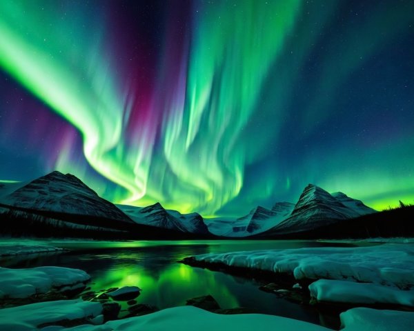 Aurora Borealis Over Snow-Capped Mountains at Night