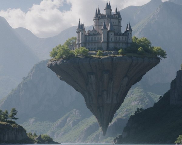 Castle on a Floating Island with Lush Greenery