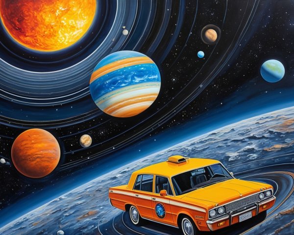 Orange Taxi in a Cosmic Scene with Planets and Sun