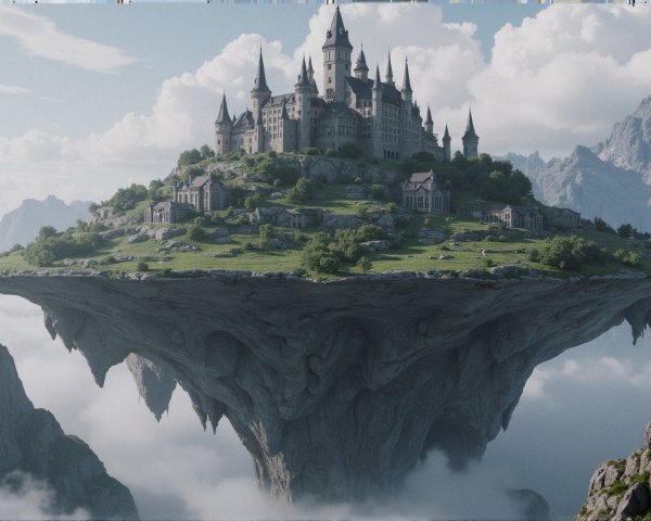 Floating Castle on Rocky Pedestal Surrounded by Nature