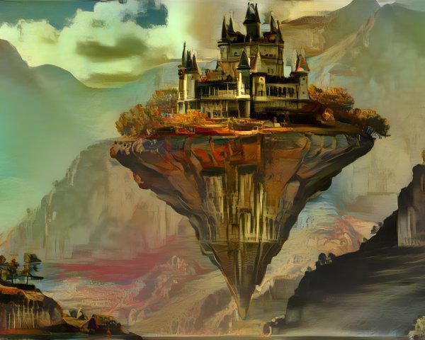 Floating Castle on Rocky Island with Lush Landscapes