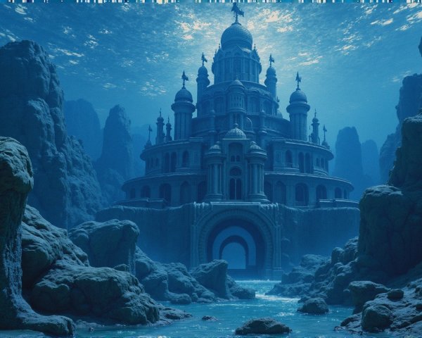 Underwater Castle Surrounded by Rocky Formations