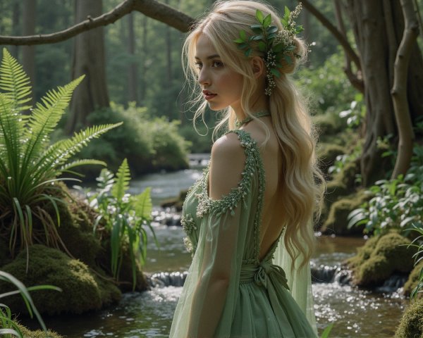 Serene Forest Scene with Woman in Green Gown