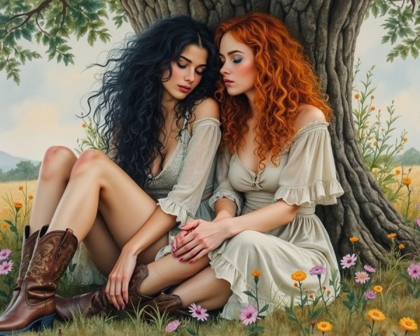 Two Young Women in a Pastoral Setting Under a Tree