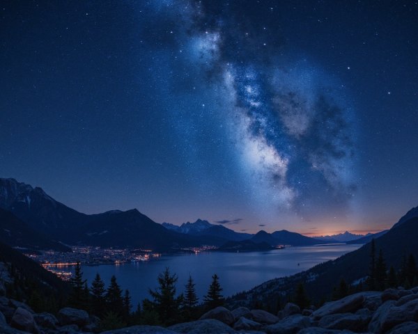 Night Landscape with Lake, Mountains, and Stars