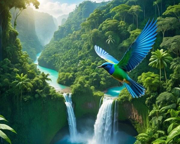 Vibrant Jungle Scene with Waterfalls and Colorful Bird