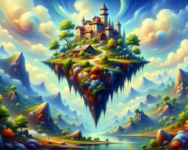 Vibrant Floating Island with Whimsical Castle Landscape