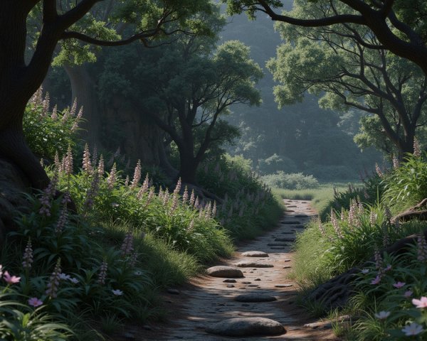 Serene forest path surrounded by lush greenery and flowers