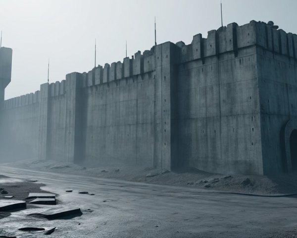 Grand Fortress in Foggy Landscape with Battlements