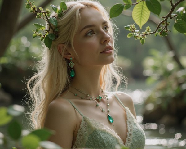 Serene Young Woman in Lush Greenery with Jewelry