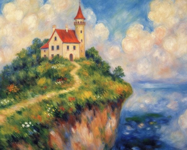 Whimsical Castle Landscape with Vibrant Flowers and Ocean