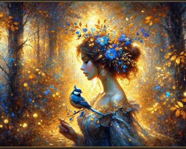 Serene Woman in Luminous Forest with Blue Bird