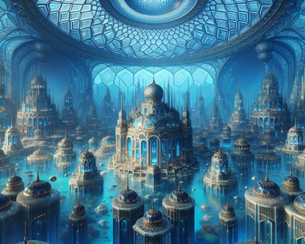 Underwater Cityscape with Glowing Designs and Marine Life