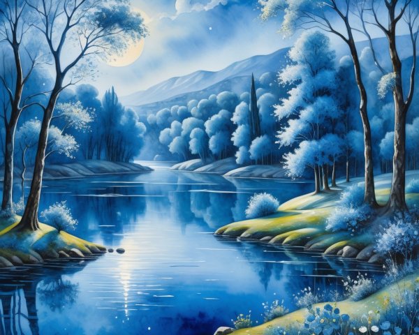 Moonlit Landscape with River and Lush Forest