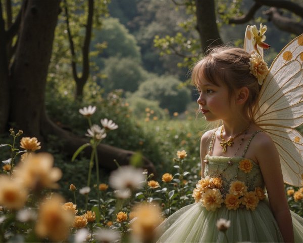 Young girl with butterfly wings in sunlit forest