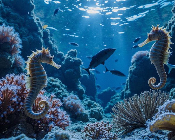 Seahorses Among Colorful Coral Reef and Marine Life